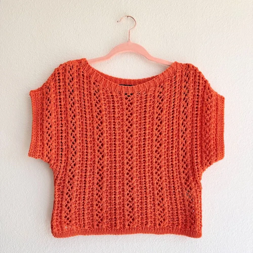 Zara Crochet Short Dolman Sleeve Crop Top in Bright Orange size Medium